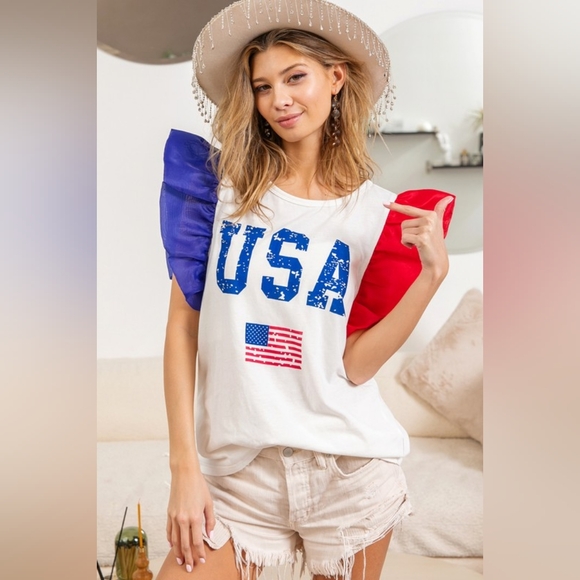 BiBi USA Theme Color Block Organza Ruffle Sleeve Top - Picture 6 of 8